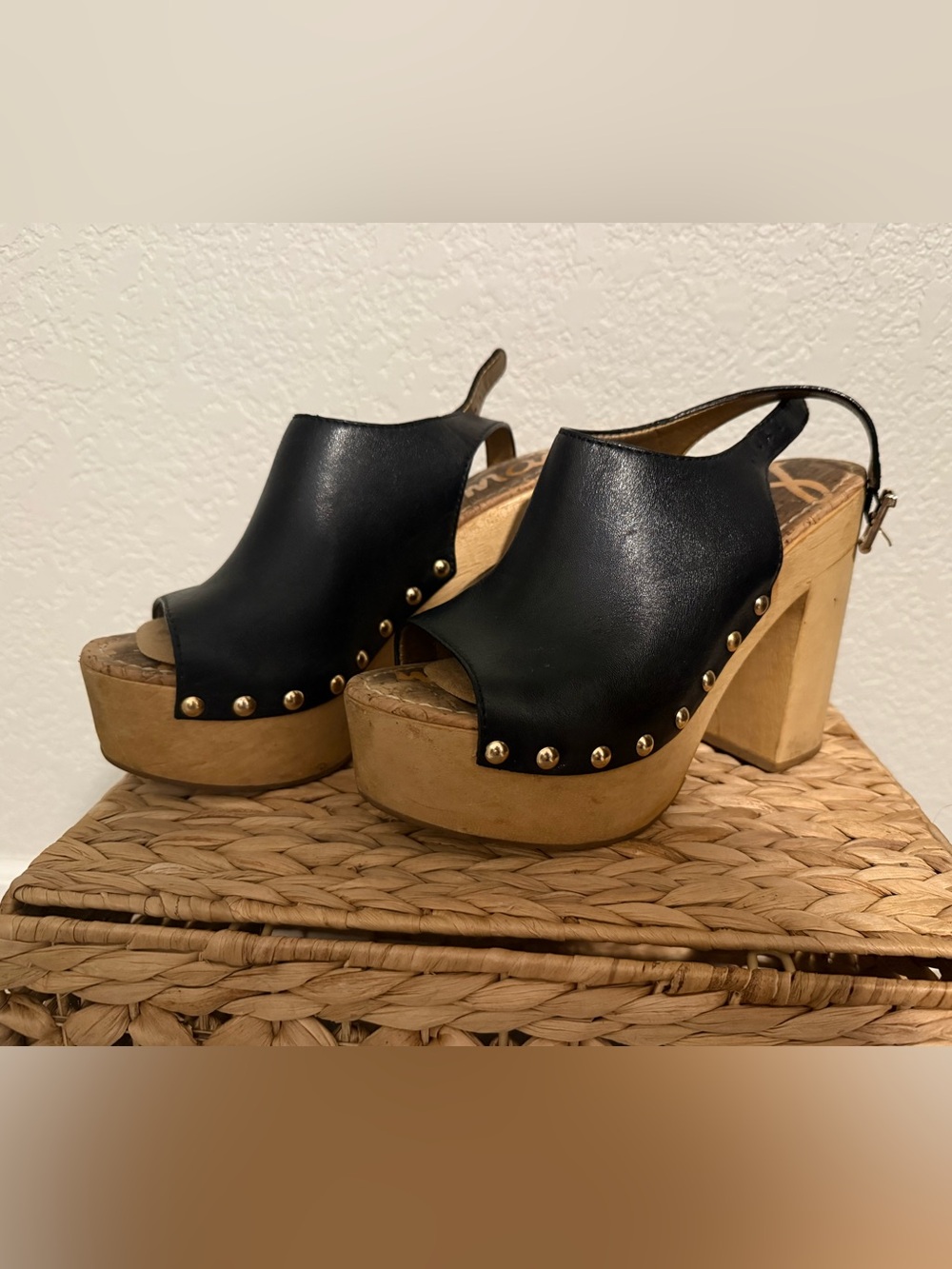 Sam Edelman Black Leather Platform Slingback Heels with Gold Studs